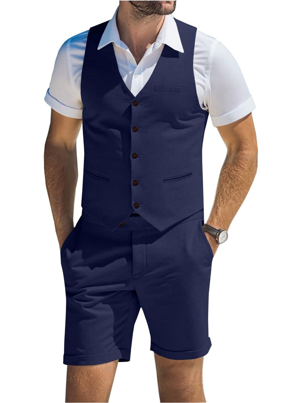 Men's Navy Vest & Shorts Suit - Classic Summer Formal 4XL